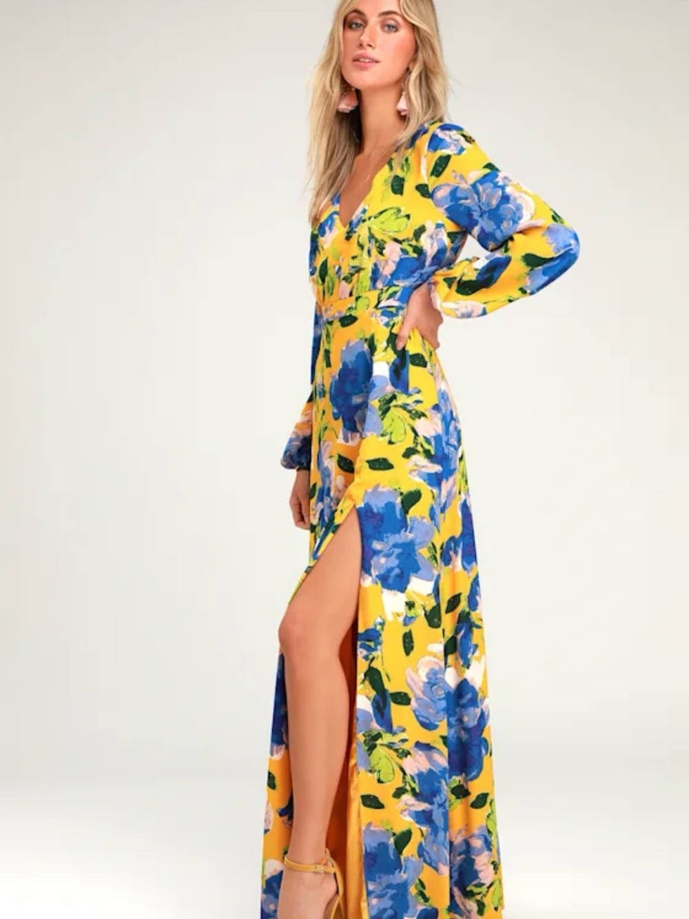 The Lulus Carolita Yellow Floral Print Long Sleeve Maxi Luxe Resort Dress